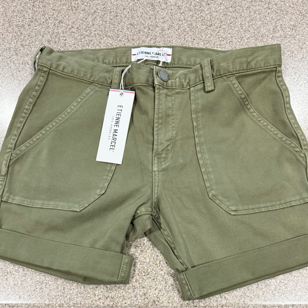 Étienne Marcel Mid Rise Denim Shorts, Size 26, Olive Green, NWT!